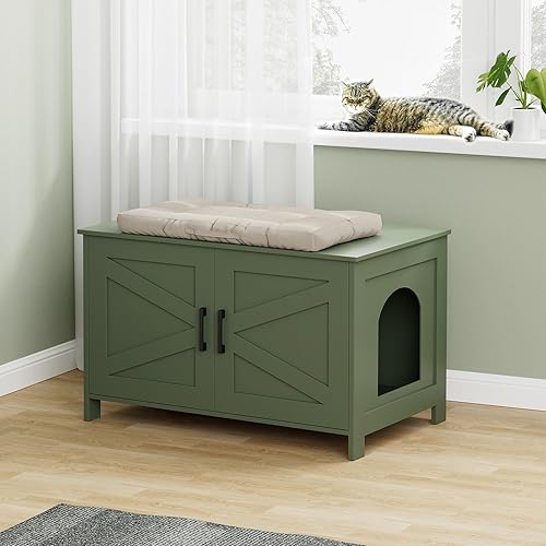 Miniatura 84 de Homhedy - Caja de arena para gatos, casa para mascotas con puerta de granero, muebles de madera para baño de gatos, se adapta a la mayoría de cajas
