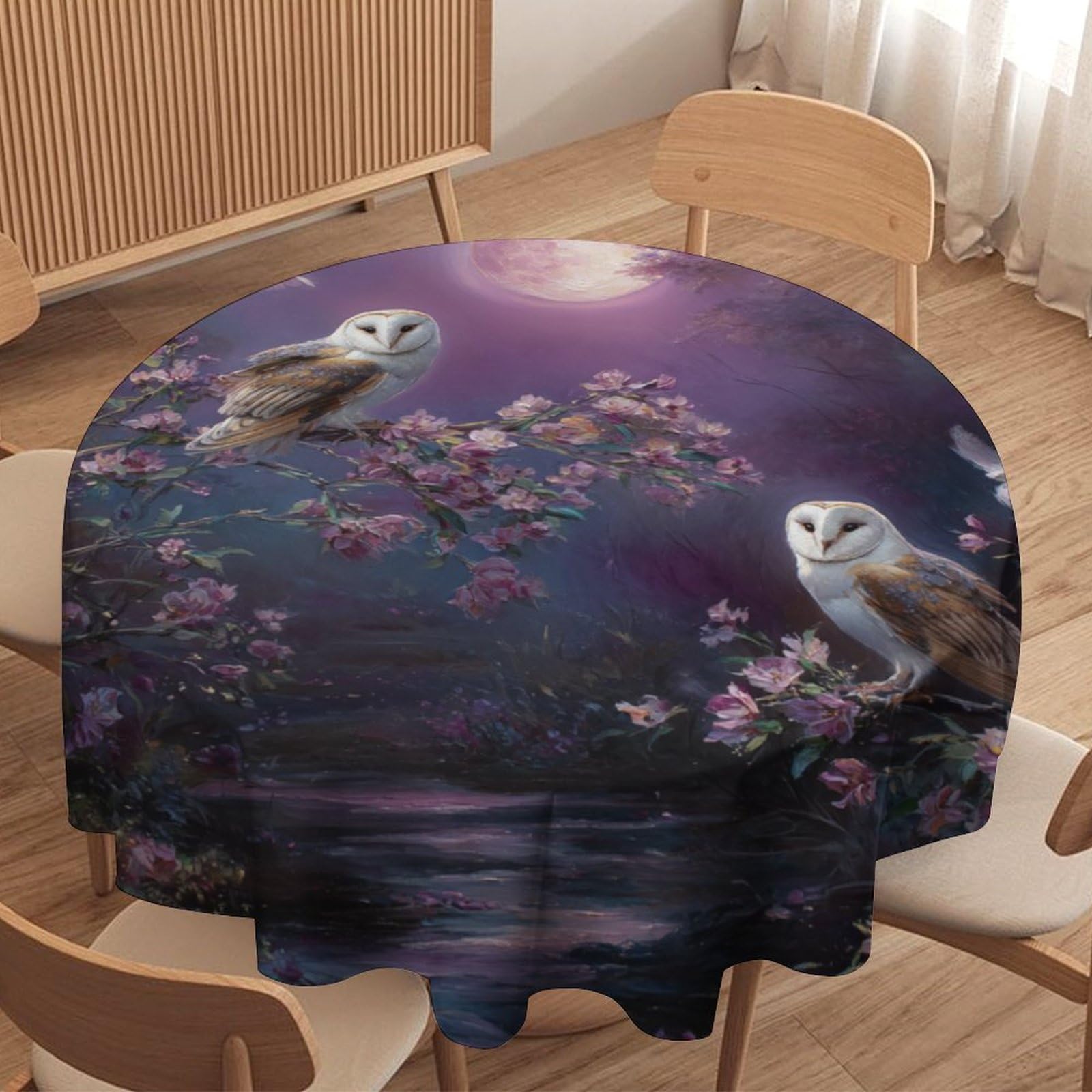 LUYYSKY Beautiful Abstract Birds Owls Round Tablecloth Rustic Aesthetic Full Moon Cherry Blossom Trees Animals Owls Pattern Washable Decor for Table Cover for Kitchen-127 Wx127 L cm