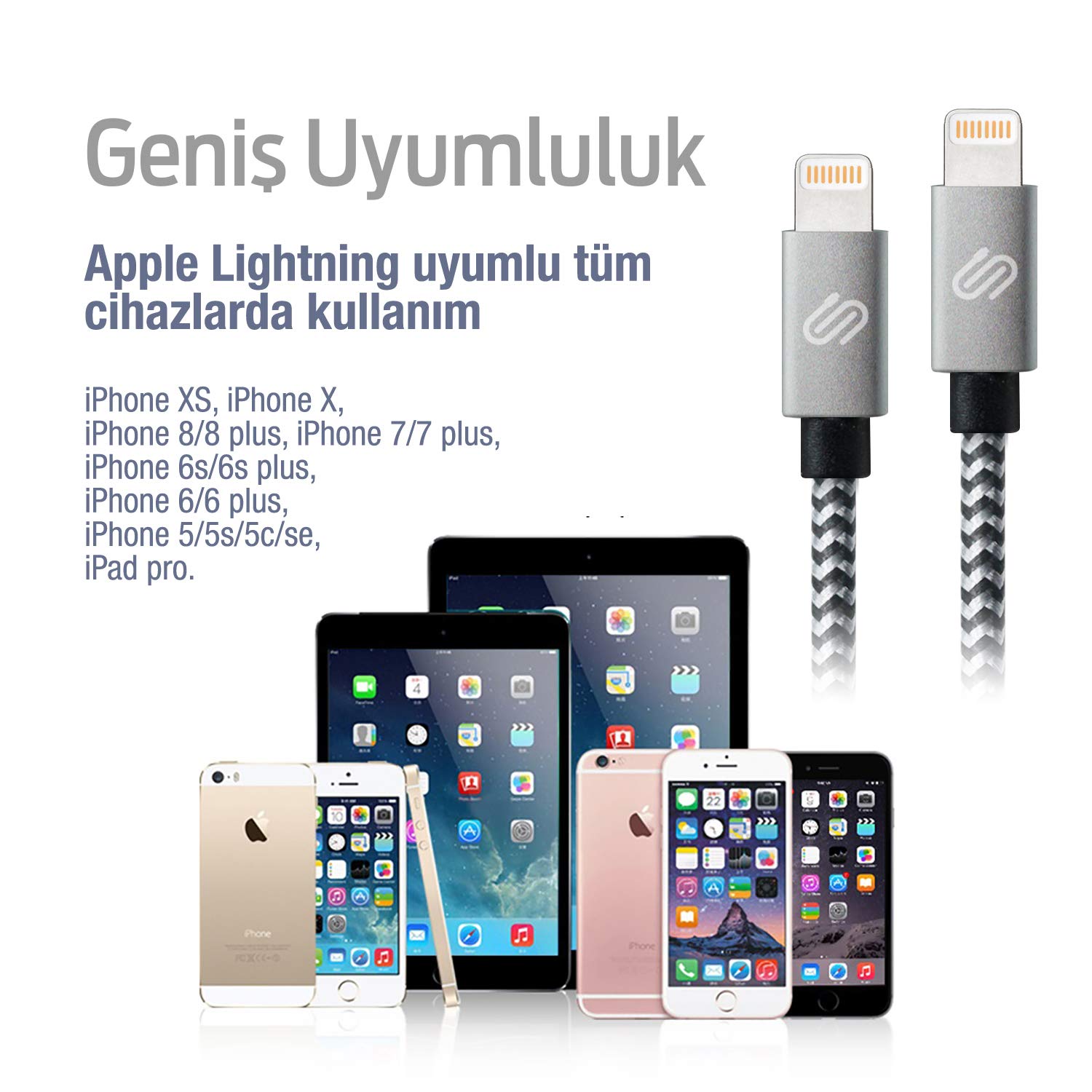 QWERTS Hızlı USB Lightning Kablo – 3’lü Şarj Kablosu Seti - iPhone XS/X/8 Plus/7/7 Plus/6/6 Plus/6s/6s Plus/5/5s/5c/SE&iPad ile Uyumlu – Siyah Beyaz