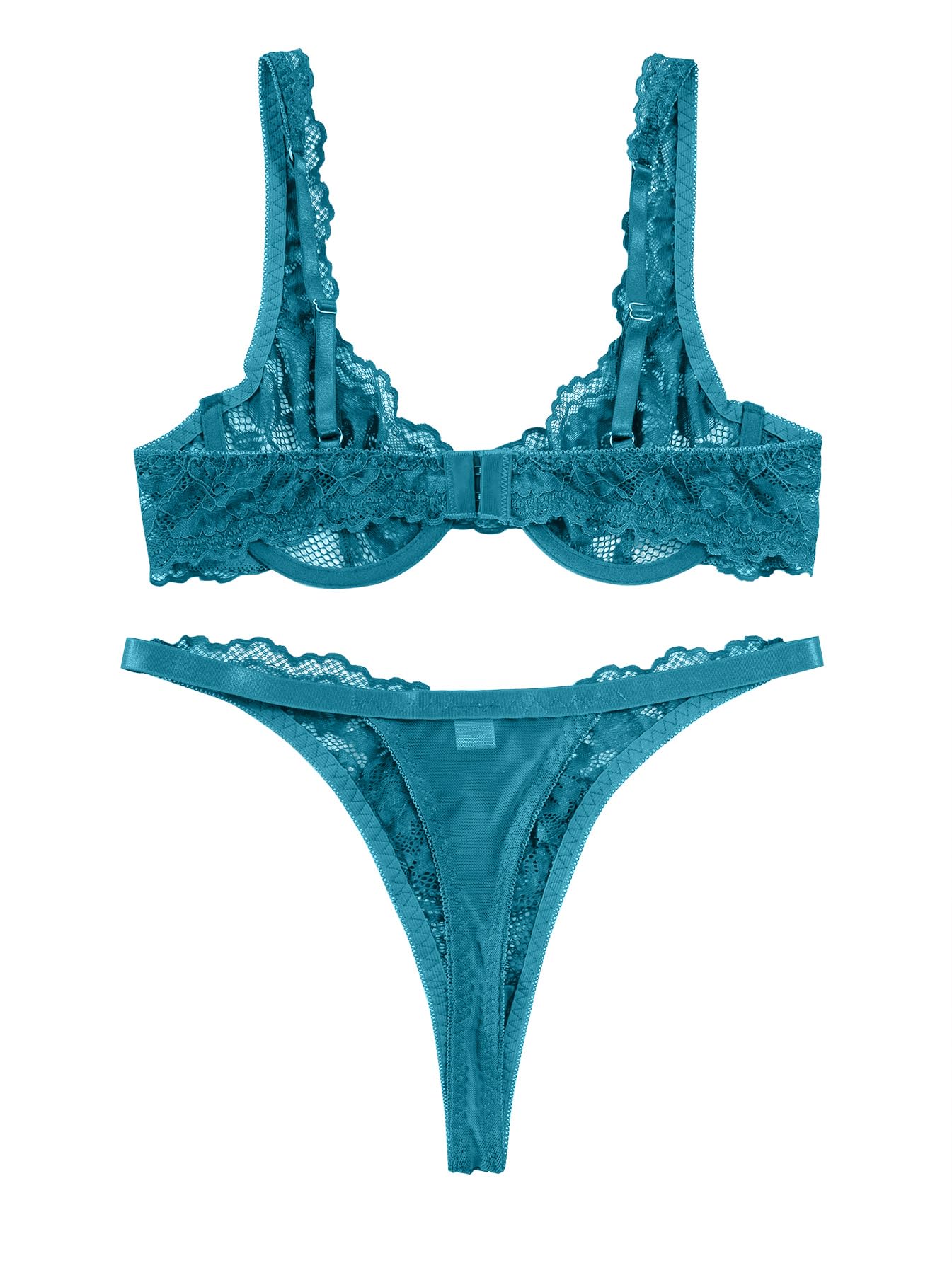 Lilosy Sexy Floral Lace Scallop Underwire Push Up Sheer Lingerie Set Outfits: X-Large Turquoise