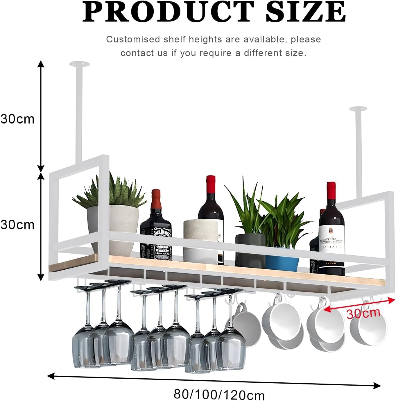Ceiling Hanging Shelves for Pots, Wine Glasses, Plants & Books - Metal Display Rack for Bar, Cafe, Kitchen & Office (100x30x60cm) - Stylish Storage Solution
