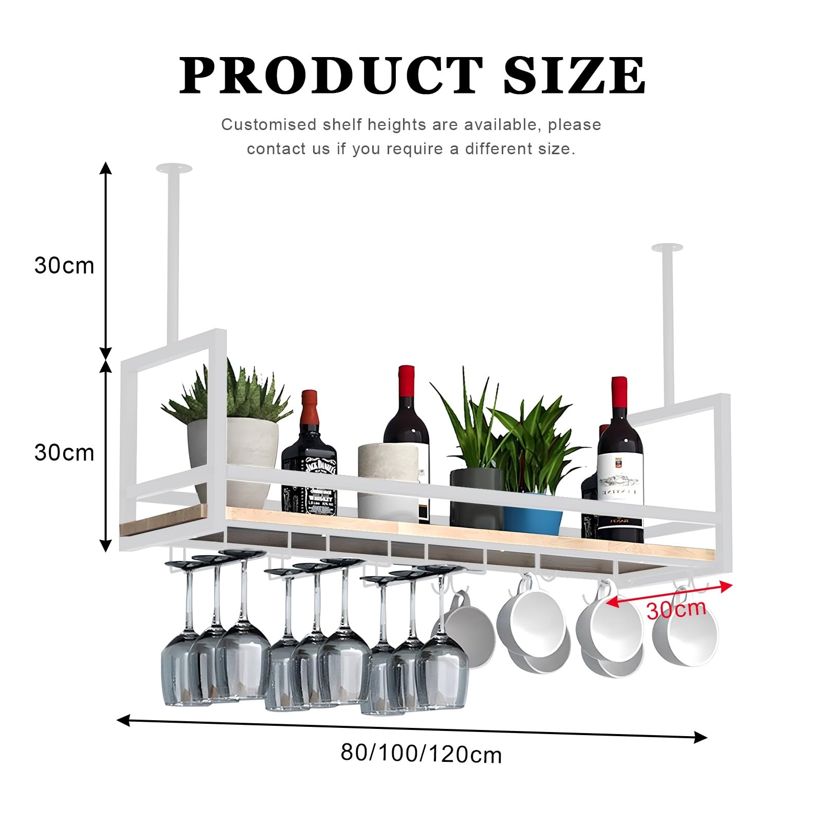 Mensole galleggianti, Mobile Bar sospeso a soffitto con portabottiglie e Supporto per Bicchieri capovolti, espositore Decorativo per Piante e Libri, Ideale per Bar, caffè e Cucina (Dimension