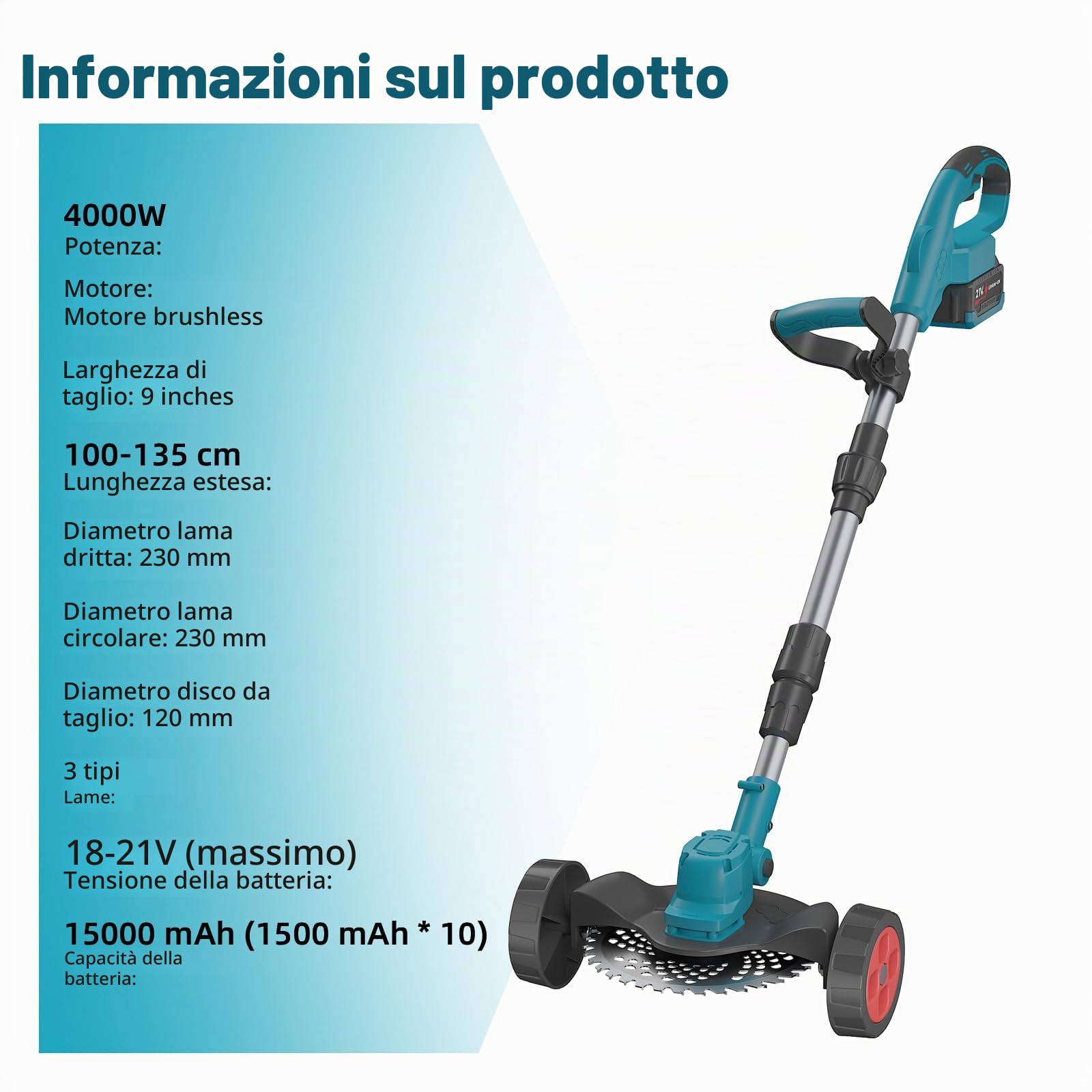 Decespugliatore a batteria senza cavo, 4000 W, decespugliatore elettrico pieghevole, con batteria e 3 lame, larghezza di taglio 23 cm, lunghezza retrattile, per giardino, prato e patio (blu a batteria