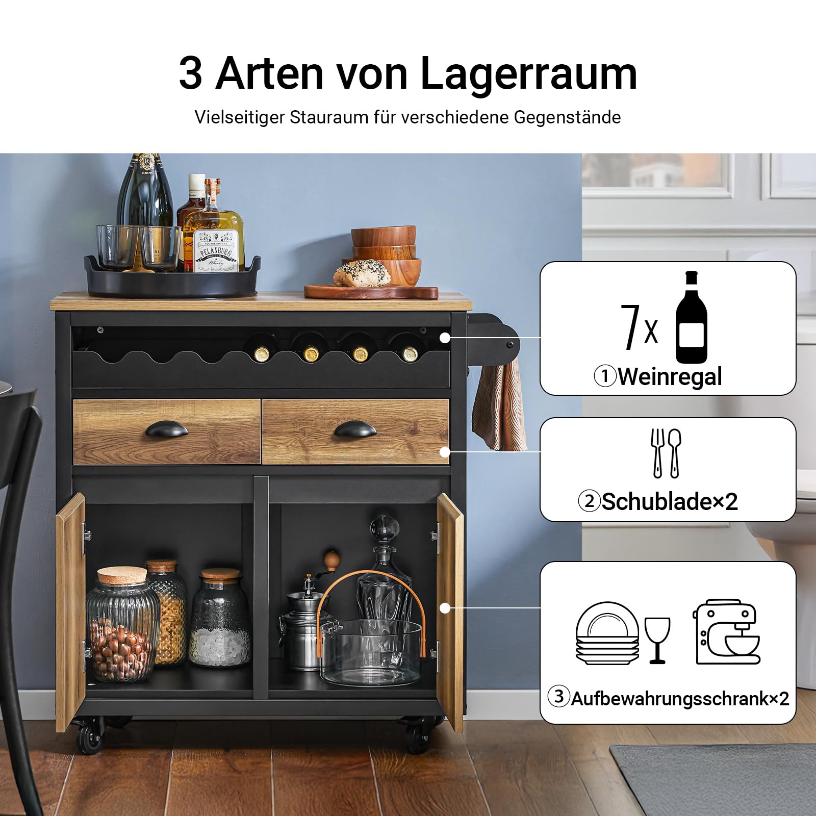 SoBuy Küchenwagen mit Arbeitsplatte Servierwagen mit Rollen Rollwagen Küche Kücheninsel Küchenschrank Für Küche, Wohnzimmer, Esszimmer, Outdoorküche Vintagebraun BHT ca. 89x87x40cm FKW122-SCH