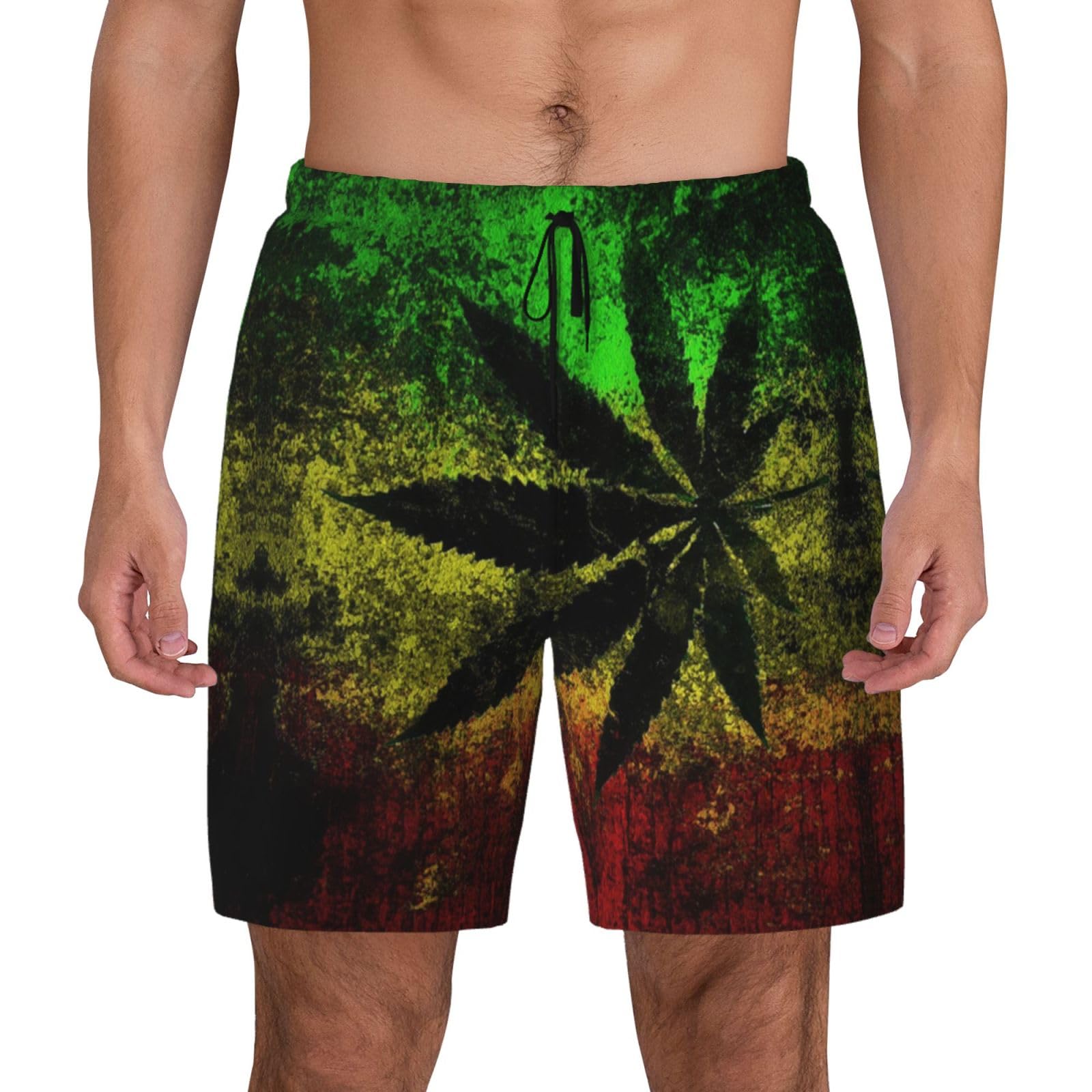 CZDBNLHF Jamaica Flag Leaves Print Mens Swim Shorts for Swimming, Surfing, Running, Gym, Beach, Or Casual Wear Black