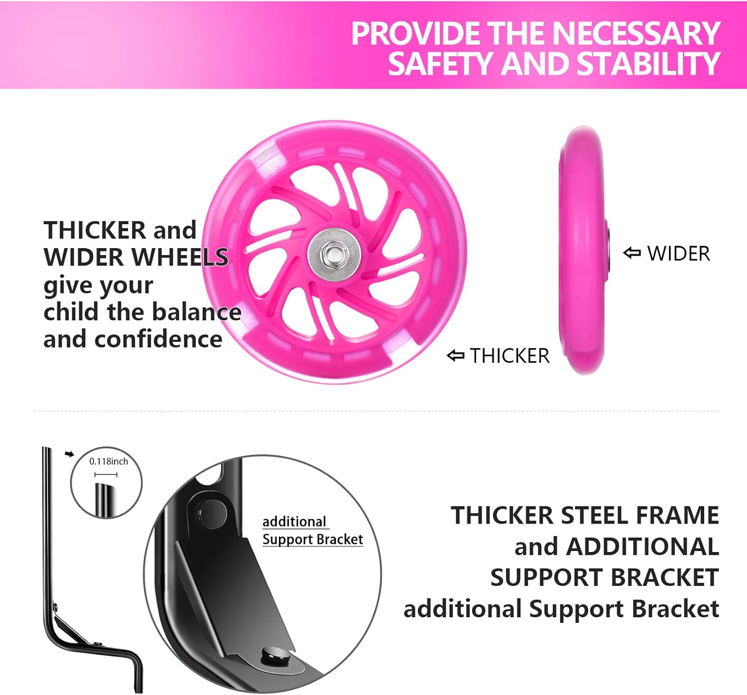BNKIHDD Bicycle Training Wheels Flash Mute Wheel with Adjustable Kids Stabilizers Mounted Kit Compatible for Bikes of 12 14 16 18 20 Inch (Pink) : Sports & Outdoors