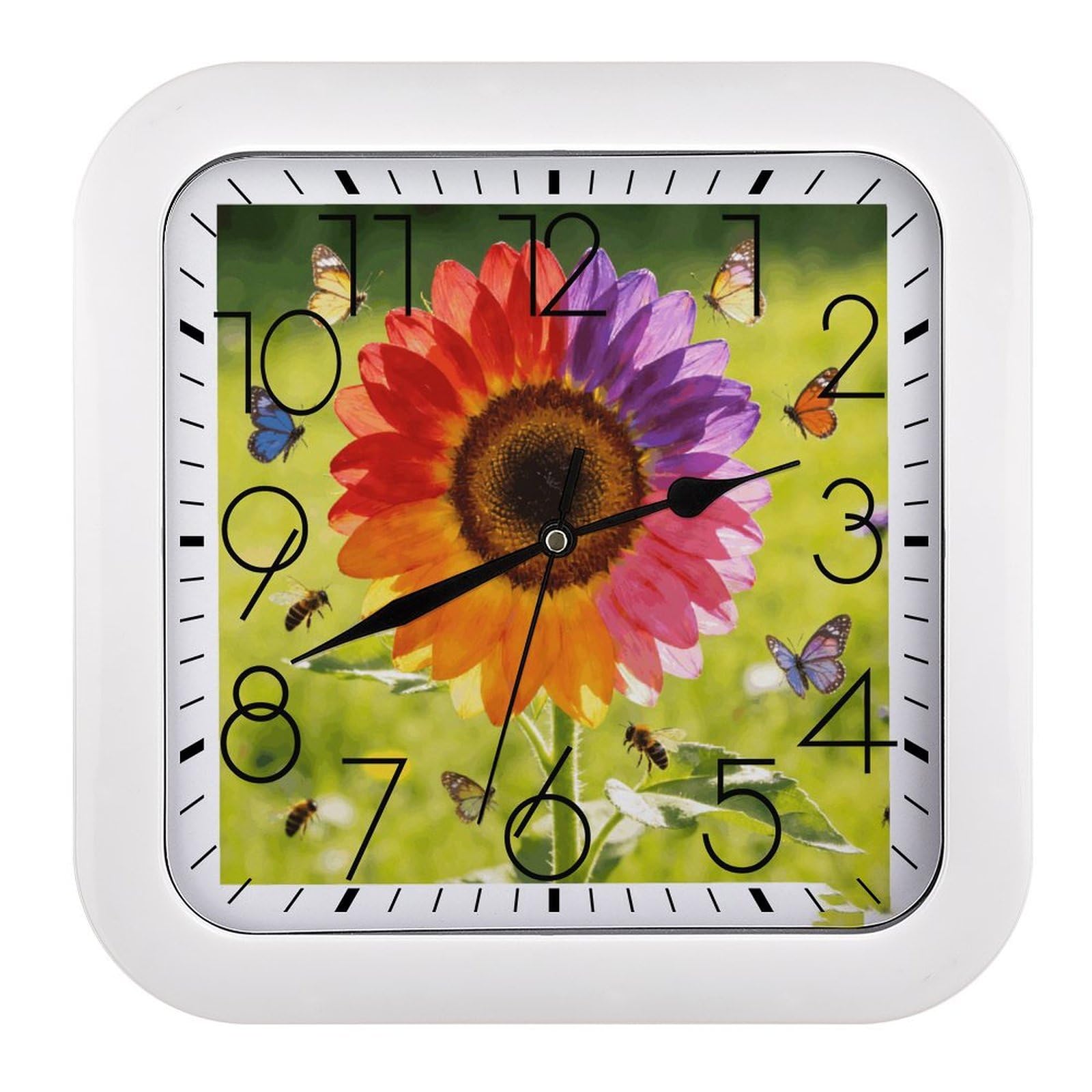 Fodpand Style Colorful Sunflower Wall Clock,Battery Operated Modern Retro Rounded Square Clock Clock For Bedroom Living Room Office Home Gym Porch Decor Indoor Outdoor 10.2 * 10.2In
