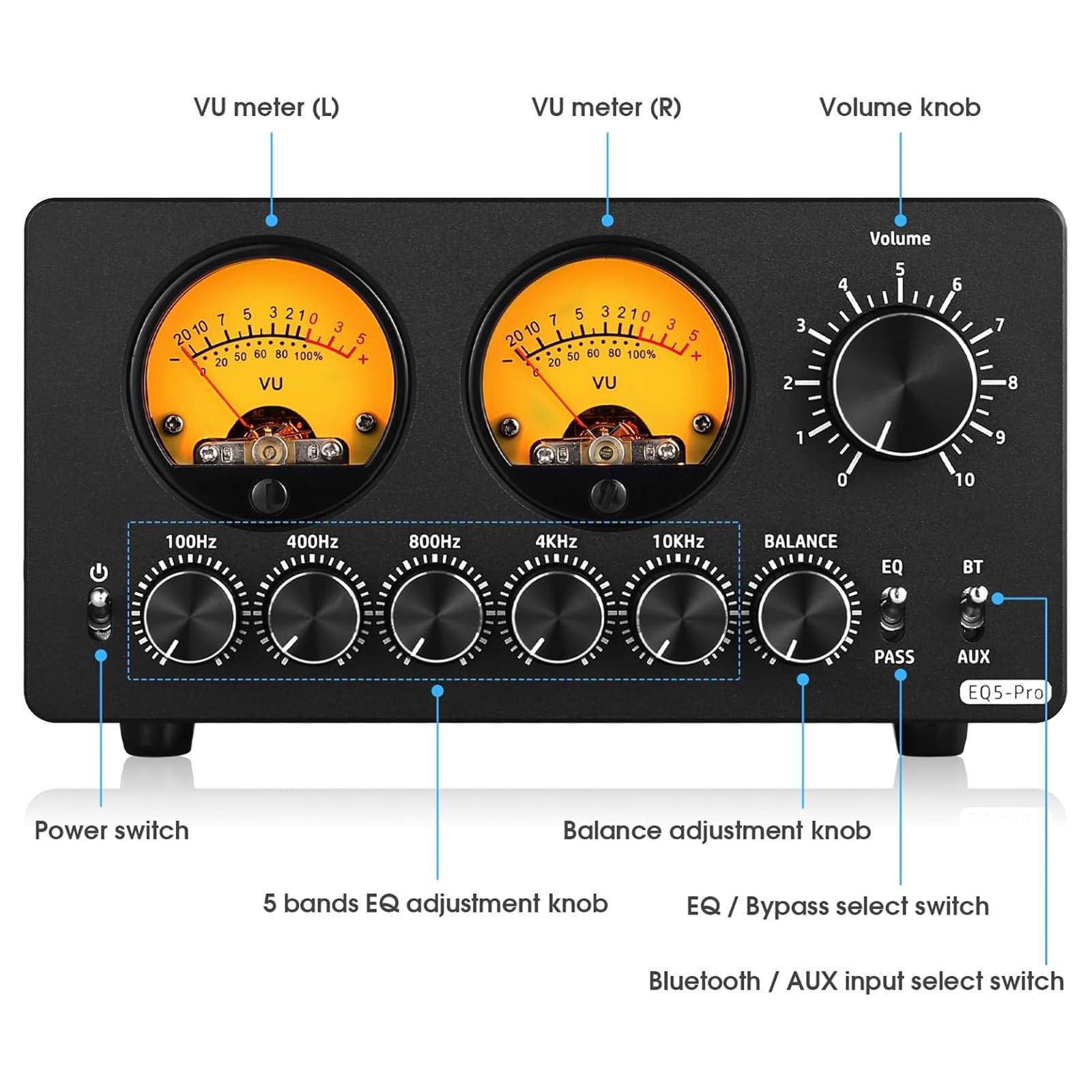 Preamplificatore Phono, Preamplificatore Audio, Equalizzatore EQ a 5 Bande Con Misuratore VU Con Tubo Stereo Di Guadagno Pre-amplificatore, Manopola Di Controllo Indipendente,decorazione Dinamicamente