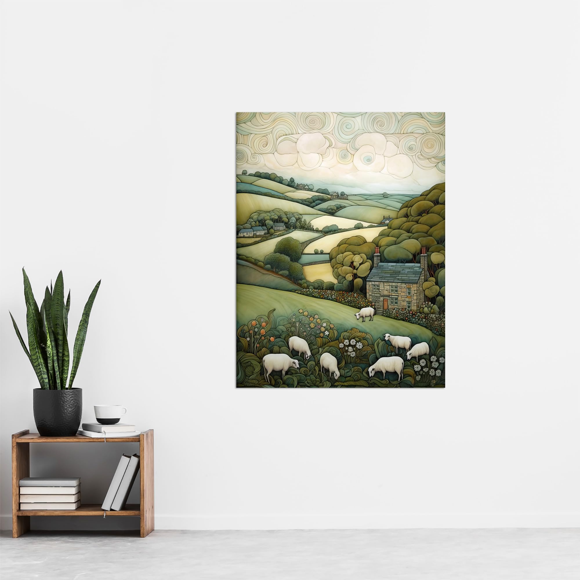 Artery8 Sleepy England By Celia Hapton Quirky Lake District Scene Rolling Hills Grazing Sheep Extra Large XL Wall Art Poster Print - Image 4
