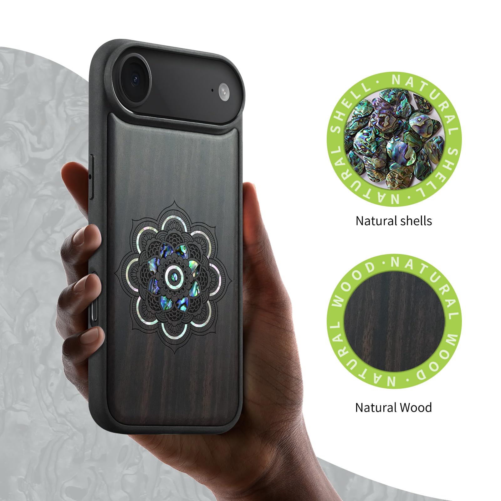Carveit Funda Magnética para iPhone Air Compatible MagSafe [Madera y incrustación de mejillones] Protectora Antigolpes para iPhone 17 Air Carcasa (Madera Oscura-Armonía Floral mística)