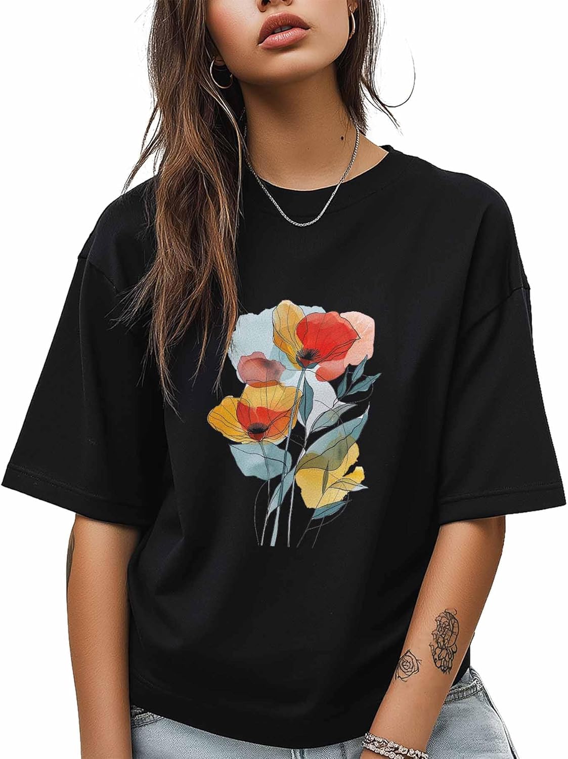 Women Graphic T-Shirt, Abstract Watercolor Poppies Classic-Fit Short Sleeve Crewneck Tees Summer Tops Black L - Image 3