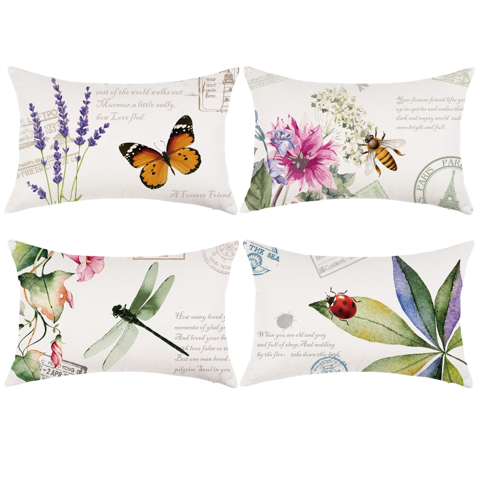 ONWAY Outdoor Patio Decor Throw Pillow Covers 12x20 Set of 4 Summer Spring Garden Farmhouse Decorations Cushion Cases for Porch Couch Sofa Bench