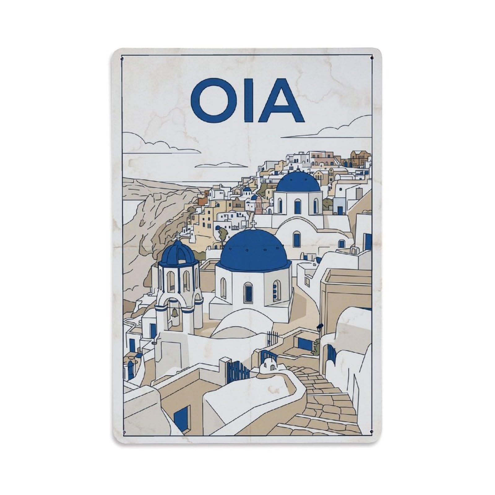 Fyrn Style Metal Tin Sign Vintage Travel Oia Greece Village