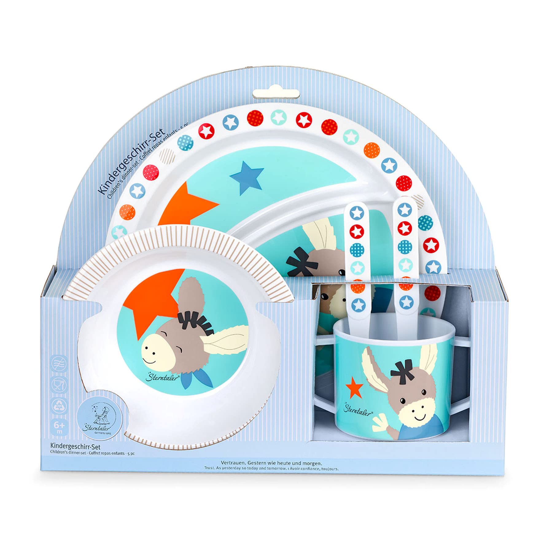 Sterntaler Geschirr-Set Emmi, Teller, Schale, Tasse, Löffel, Gabel, Alter: Für Babys ab 6 Monaten, Hellblau/Mehrfarbig