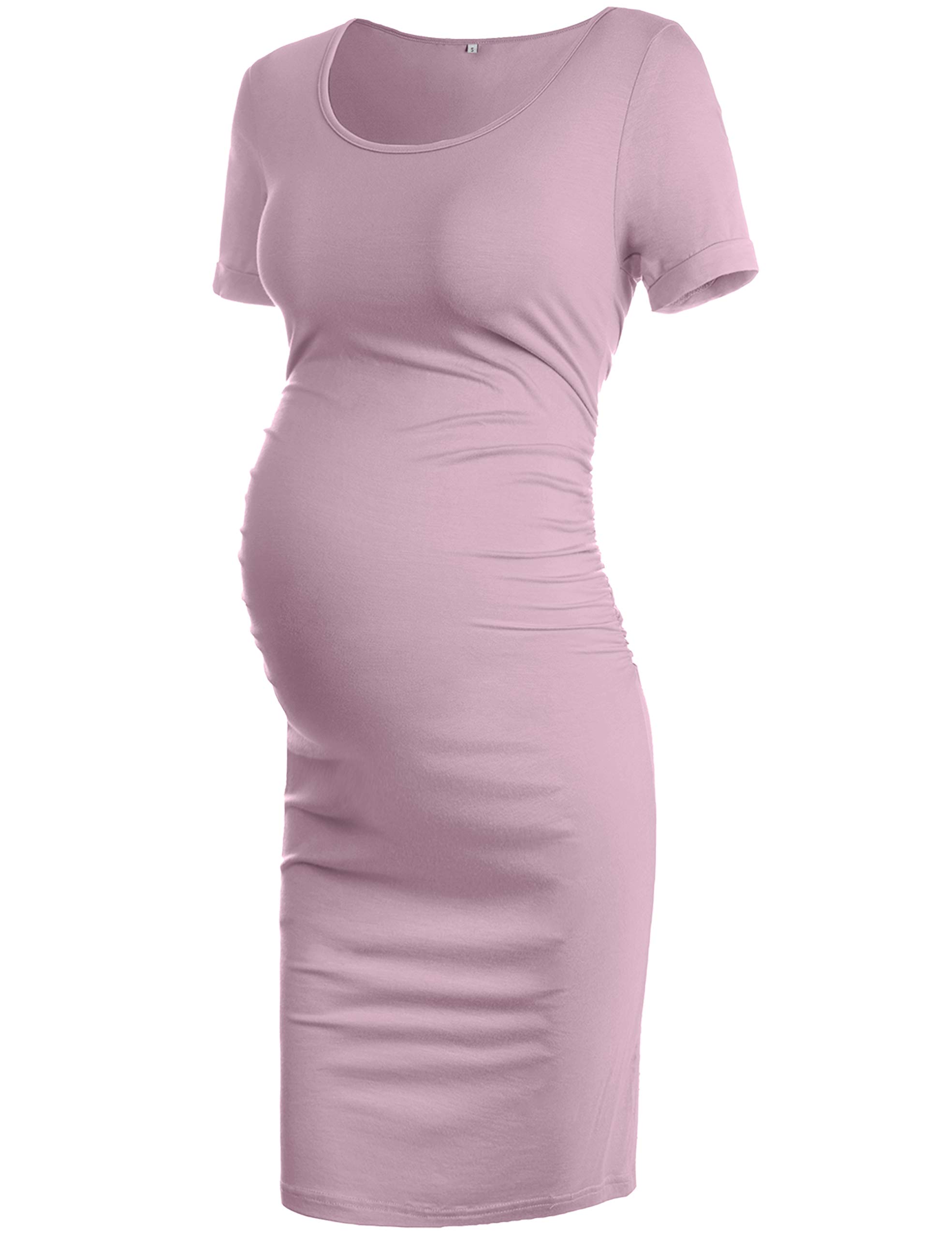 MUSIDORASolid Color & Floral Side Ruch Maternity Dress/Short Sleeve Bodycon Dress Baby Shower Daily Wear