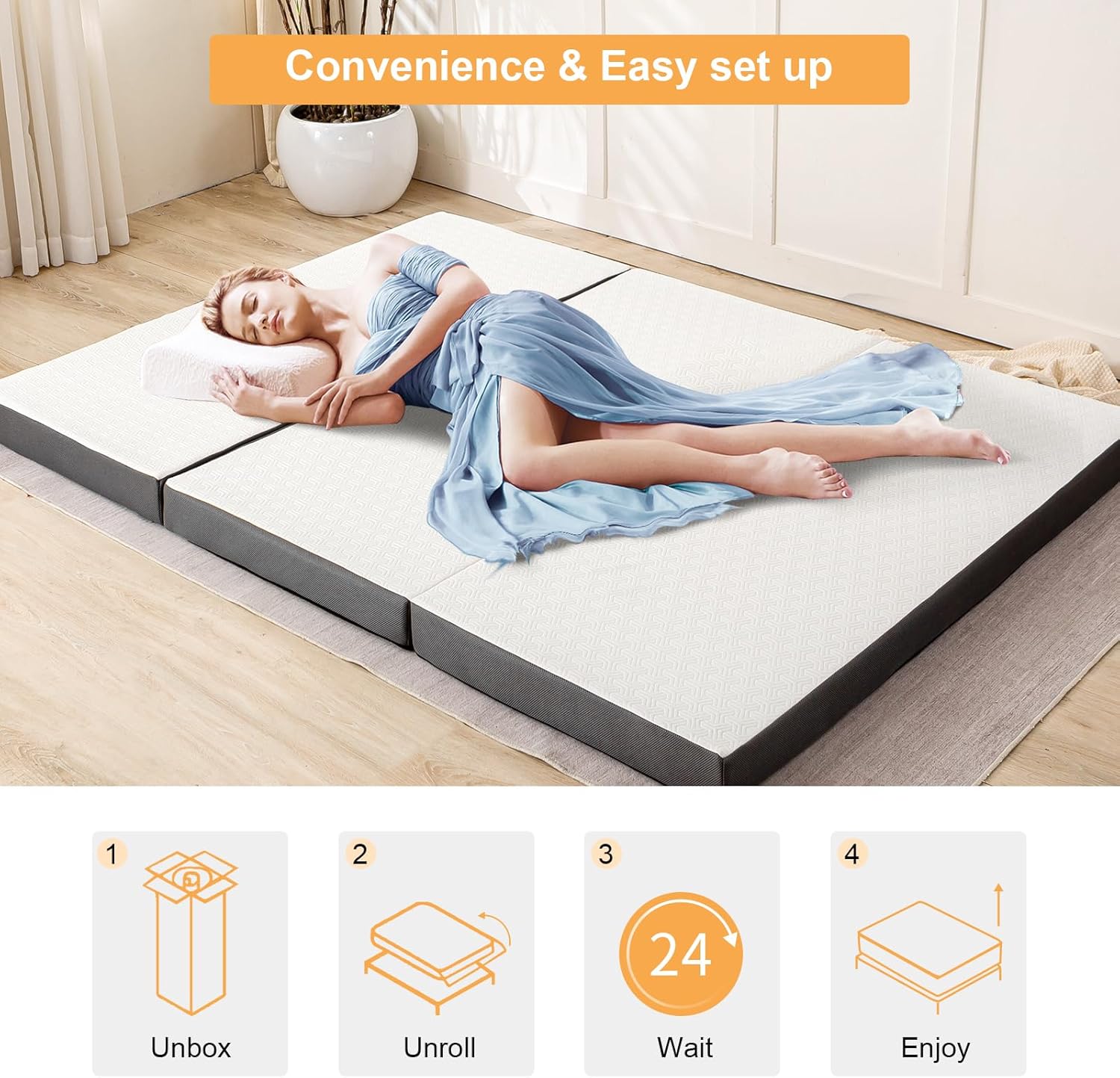 MUUEGM Folding Mattress, 4 Inch Tri-Folding Memory Foam Mattress Foldable Mattress with Washable Cover Portable Mattress for Yoga/Camping/RV/Guest Beds,CertiPUR-US Certified, Full Size
