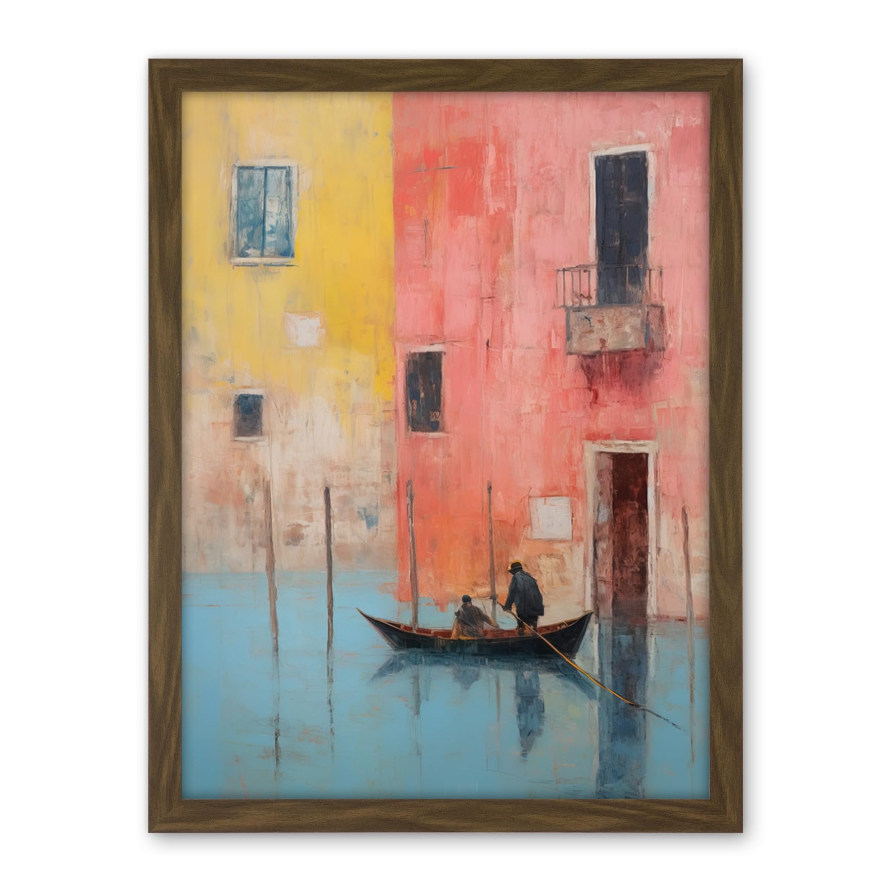 Artery8 Venice Canal Gondola Ride Oil Painting Blue Pink Yellow Pastel Colour Rower Boat on River Artwork Framed Wall Art Print 18X24 Inch