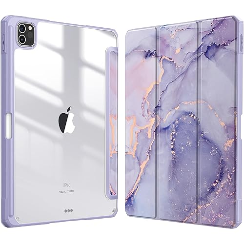 Fintie Hybrid Slim Case for iPad Pro 11-inch (4th / 3rd Generation) 2022/2021 - [Built-in Pencil Holder] Shockproof Cover w/Clear Transparent Back Shell, Also Fit iPad Pro 11" 2nd Gen, Lilac Marble