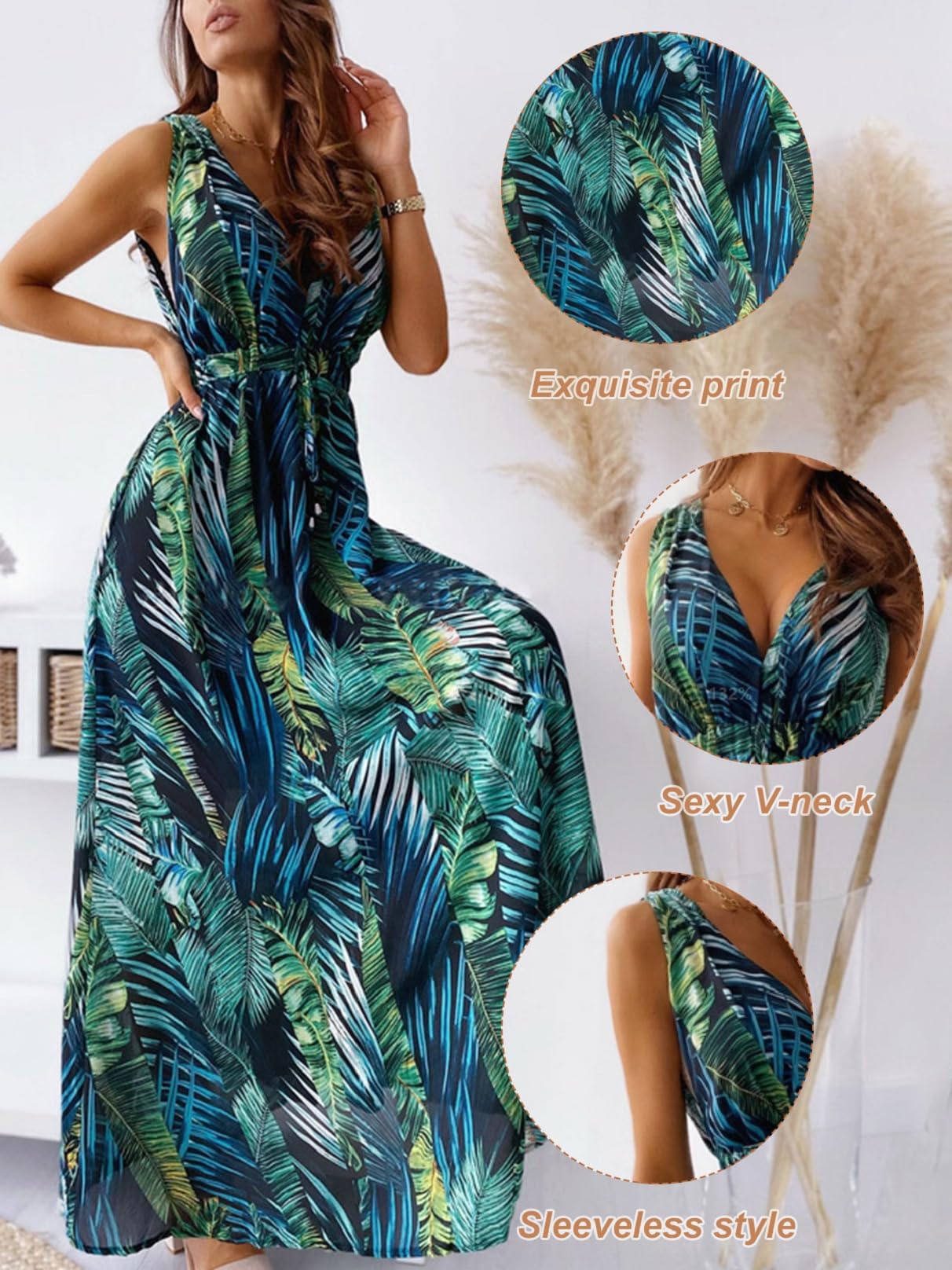 CheChury Vestido Largos Verano Mujer Elegante Vestidos Casual Mujer Bohemio Vestido con Estampado Floral Sin Manga Vestido Maxi Cuello en V Vestidos Florales Vintage Larga Vestido de Playa Vacaciones