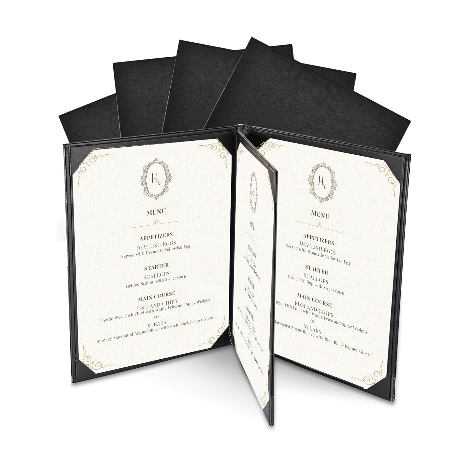 WeChef Menu Holders for Restaurant 8.5"x11" Book Style 3 Page 4 View PU Leather Restaurant Menu Covers with Angled Corners for Wine List Coffee Bar Pub Hotel 5 Pack
