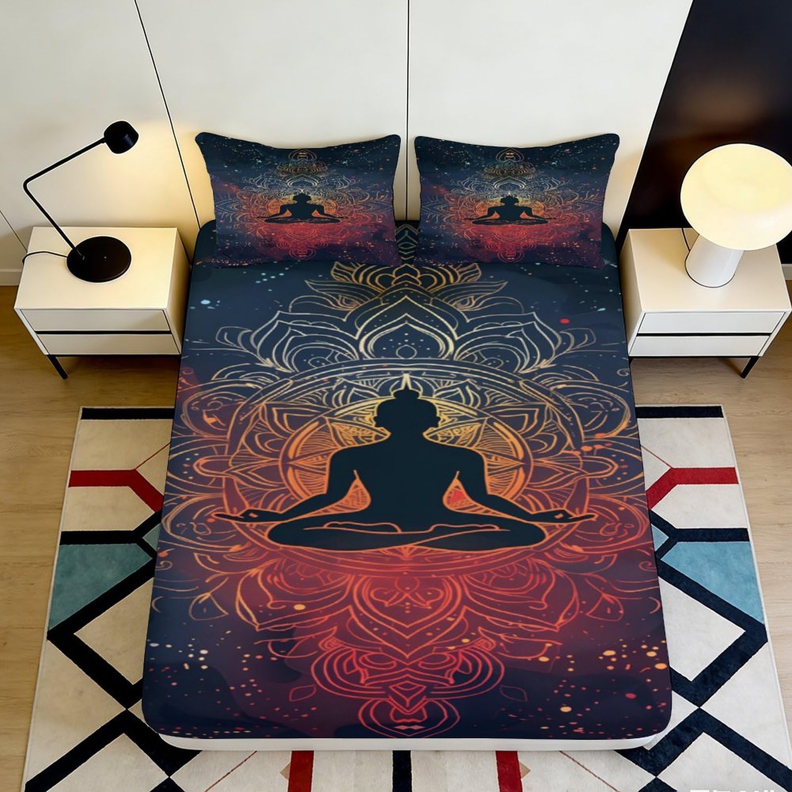 3D Printed Mandala Meditation Fitted Sheet Microfiber Soft Breathable Lotus Yoga Bed Cover for Bedroom Dorm Mattress Protection Decor 90x200x25cm
