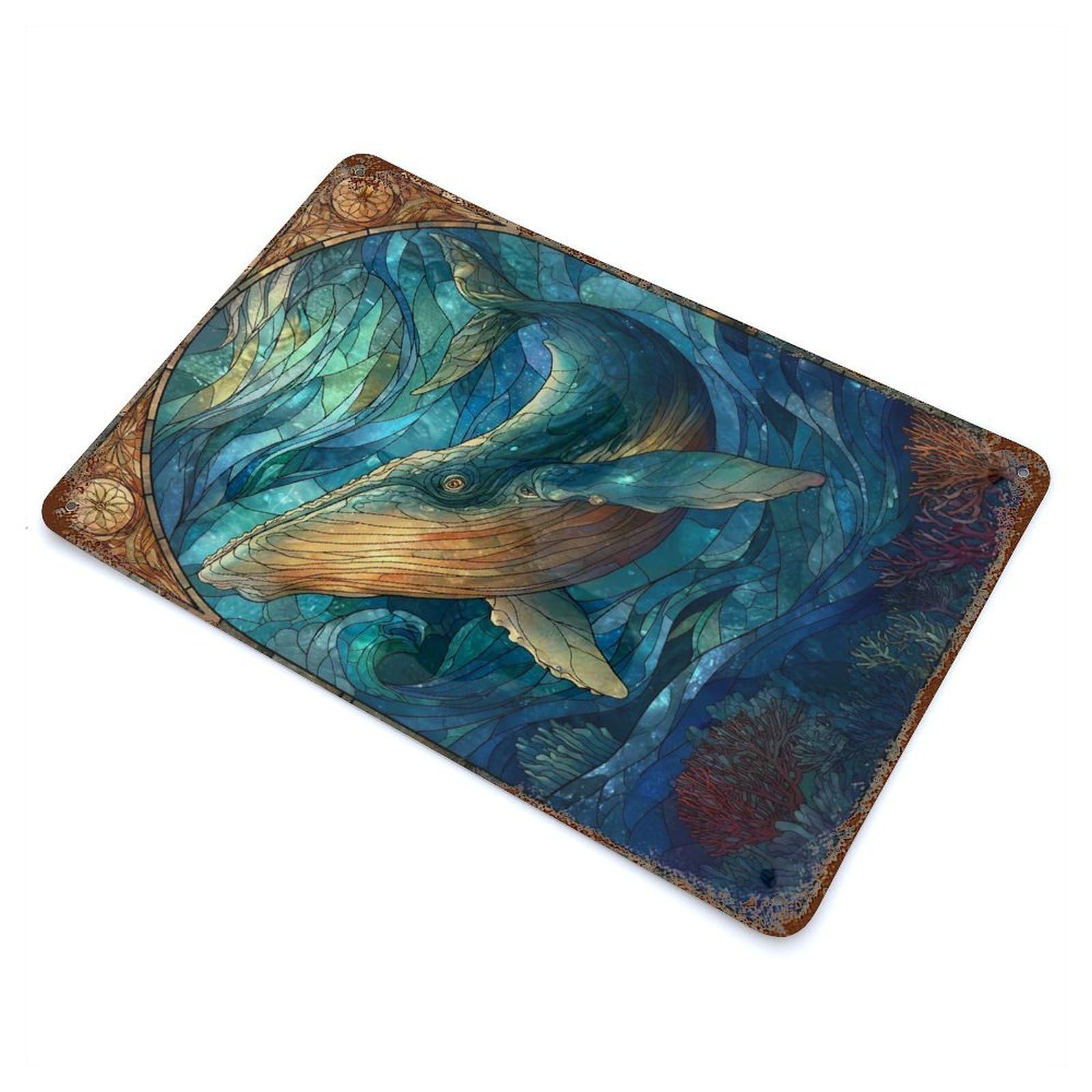 Rust Effect Stained Glass Whale Ocean Distressed Metal Wall Sign 11.8"x7.9", Decorative Metal Wall Art for Living Room, Hallway And Home Decor