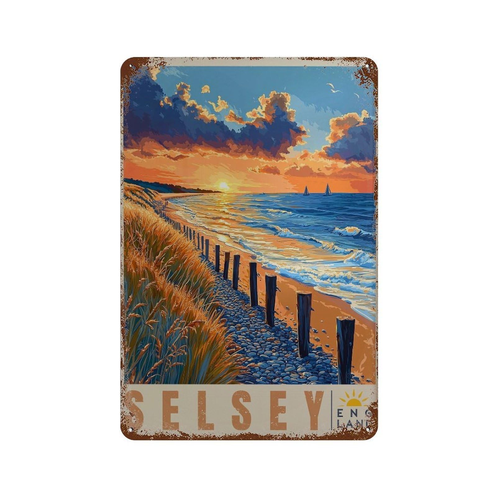 xiaoxiaoshen Selsey Beach Sunset Coastal Landscape Wall Decor Art Metal Tin Poster Modern Home Decor Art Home Bar Shop Decorations Vintage Sign 30x20cm