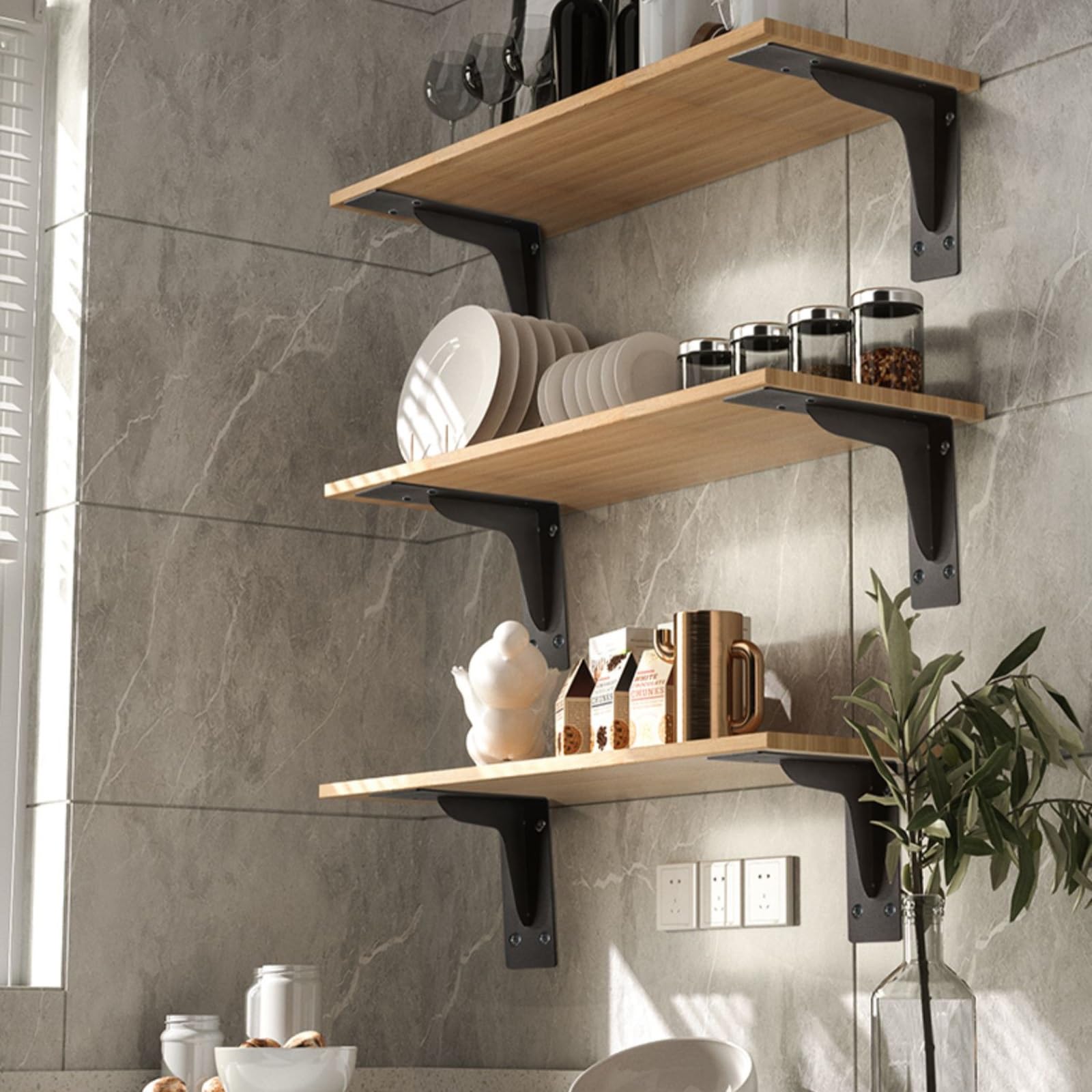 Escuadra Estanteria, Soporte Baldas Pared, Soportes Para Estantes Pesados En Forma De L Escuadras Metalicas Negro, Soportes Para Estantes Industriales RÚsticos Con Acabado De Hierro Moderno, 2Piezas (