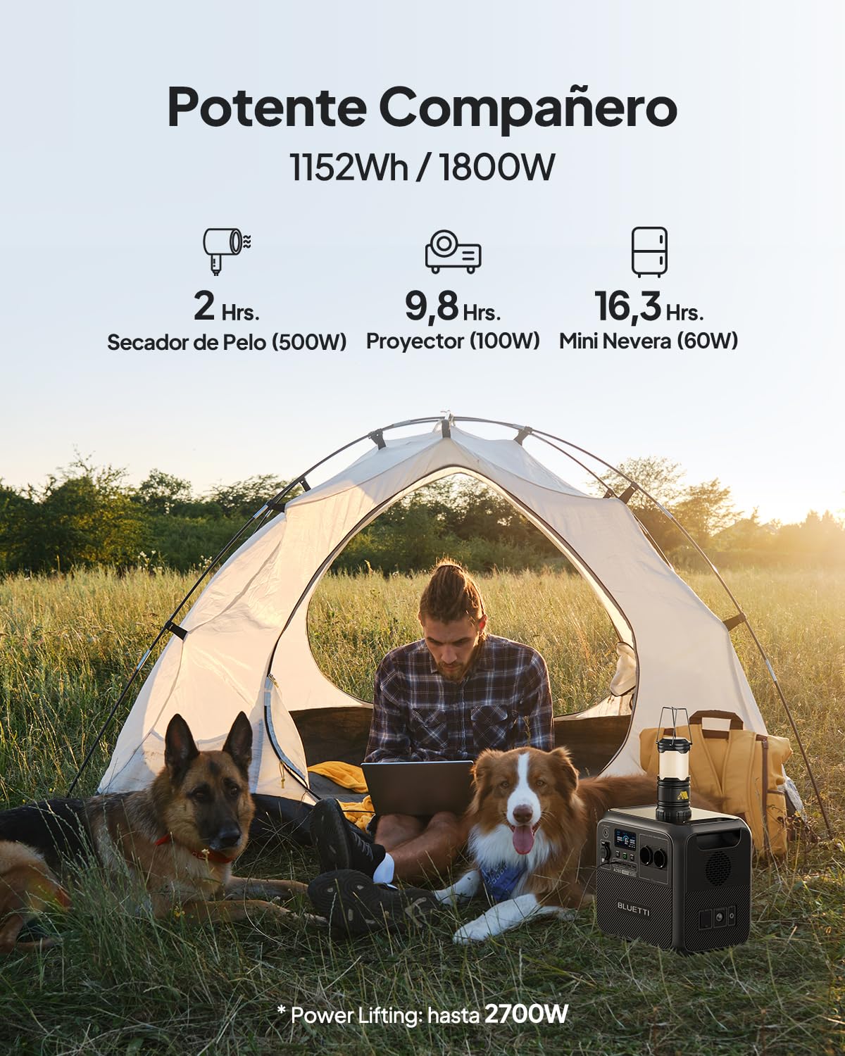 BLUETTI AC180 Generador Solar Portátil, 1152Wh LiFePO4 Batería con 2 salidas AC 1800W (2700W Pico), 0-80% en 45 Min, Estación de Energía Solar para Camping, Viajes, Cortes de Electricidad