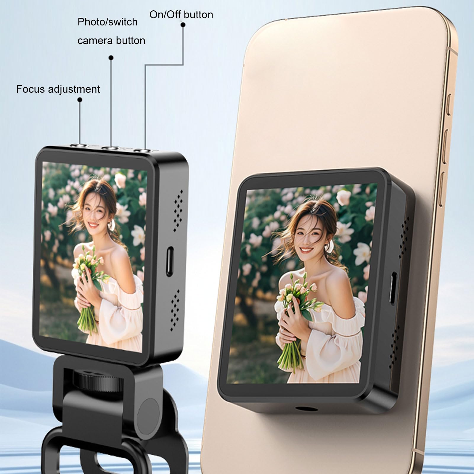 Tbest Pantalla de Monitor Selfie Cámara Trasera de 2,4 Pulgadas Enfoque de Espejo Pantalla Selfie Ajustable de Enfoque Variable Conexión BT Control Inalámbrico Clip