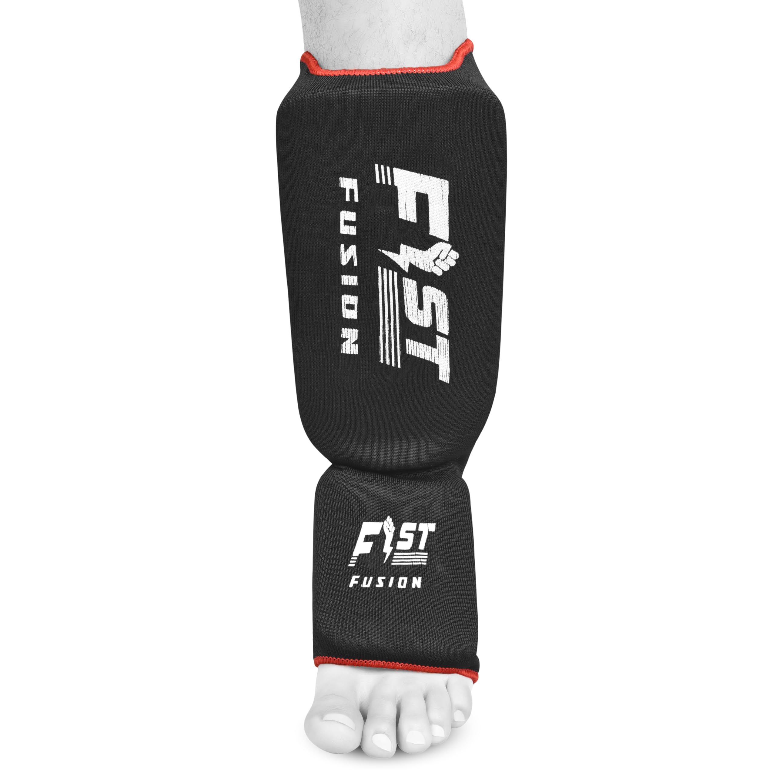 FIST Fusion Muay Thai Shin Guards with in Step, Kickboxing MMA Boxing Training Sparring Shin Step Guards Cotton Cloth Elasticated Leg Guards Pair
