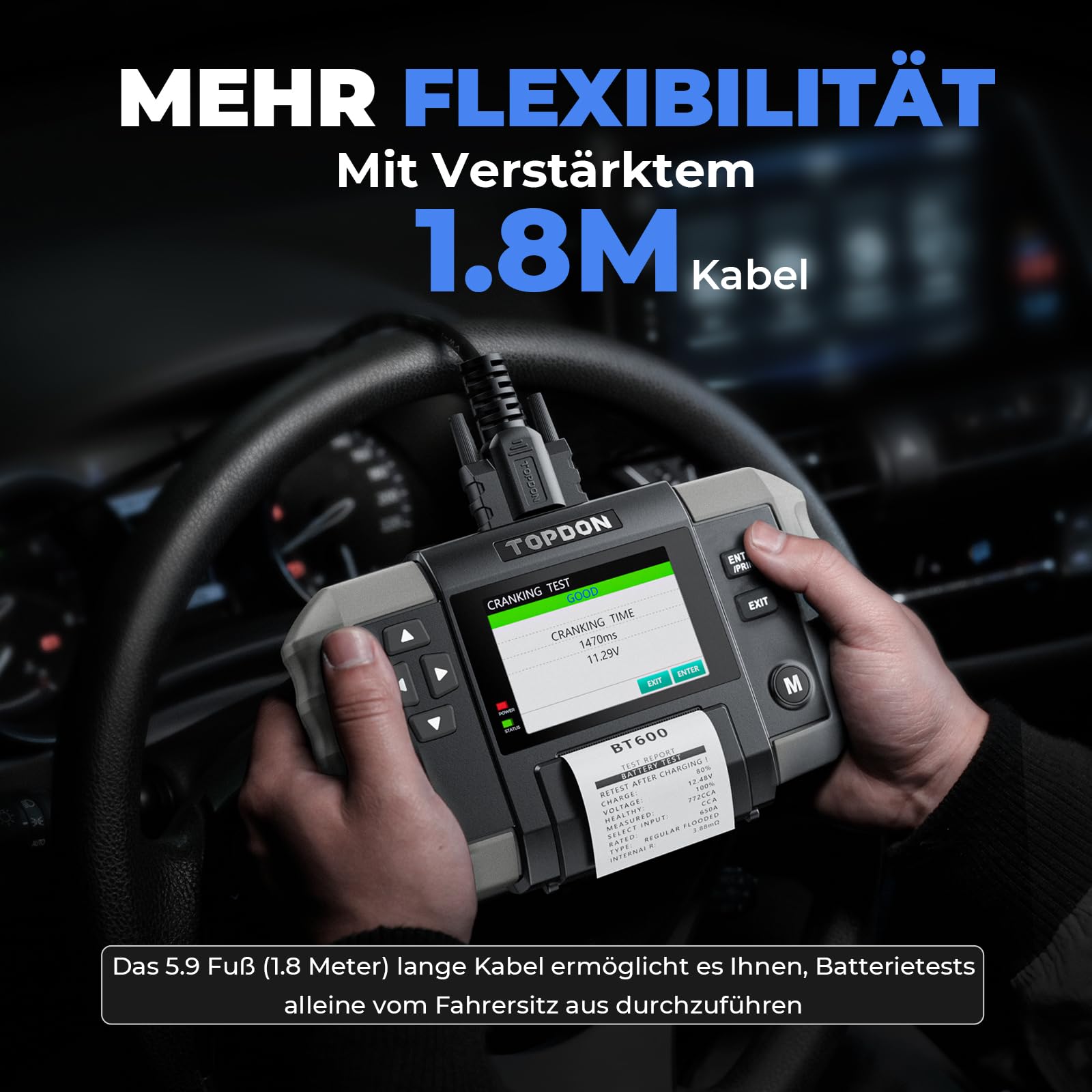 TOPDON BT600 Autobatterietester, Batterietester KFZ 12V 24V, 100-2000 CCA Starttester Autobatterie Tester, 3.5 Zoll Farbbildschirm, 1,8m Kabel, Berichte in Echtzeit Gedruckt, für Heimwerker und Profis