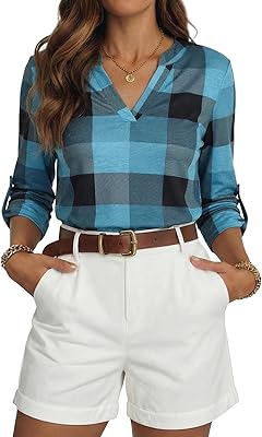 Dokotoo Womens Basic Casual V Neck Plaid Print Cuffed Long Sleeve Work Tops Blouses Shirts S-2XL