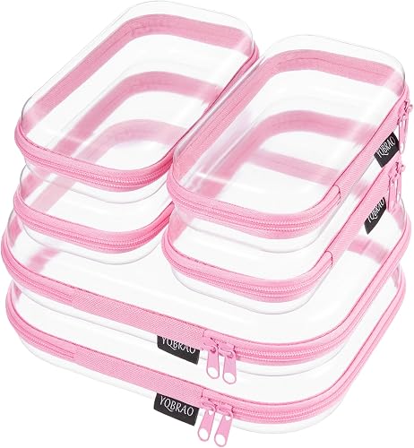 YQBRAO Clear Hard Shell Zipper Cases, 6 Travel Organizers, 2M 4S, Pink