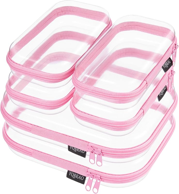 Necessaires transparentes rígidas com zíper YQBRAO, conjunto com 6, 2 médias e 4 pequenas, rosa