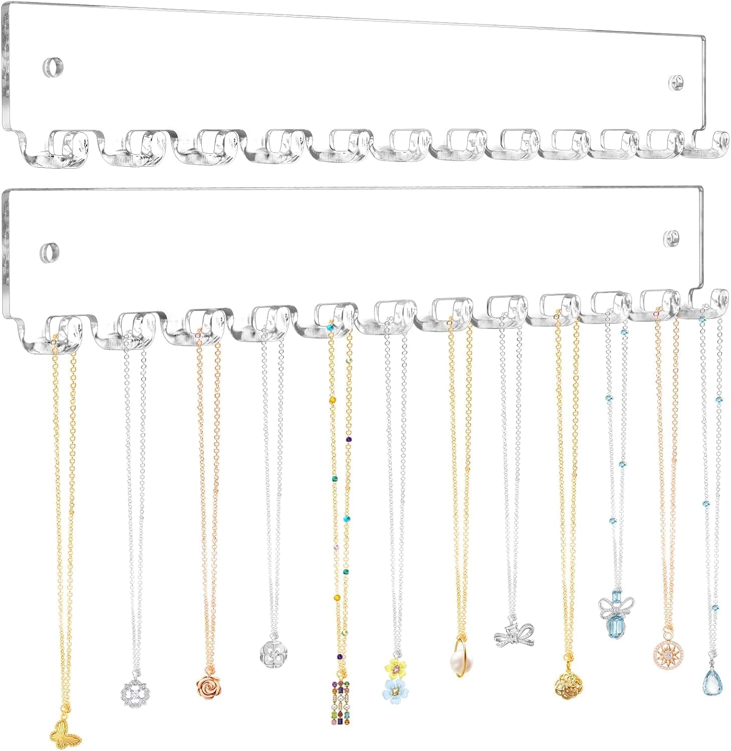 Wall Mounted Acrylic Jewelry Organizer 14 Hooks Necklace Holder & Earring Rack Clear Necklaces, Earrings, Bracelets & Rings SpaceSaving Wall Jewelry Storage Display (14 Hooks Jw Holder Clear)