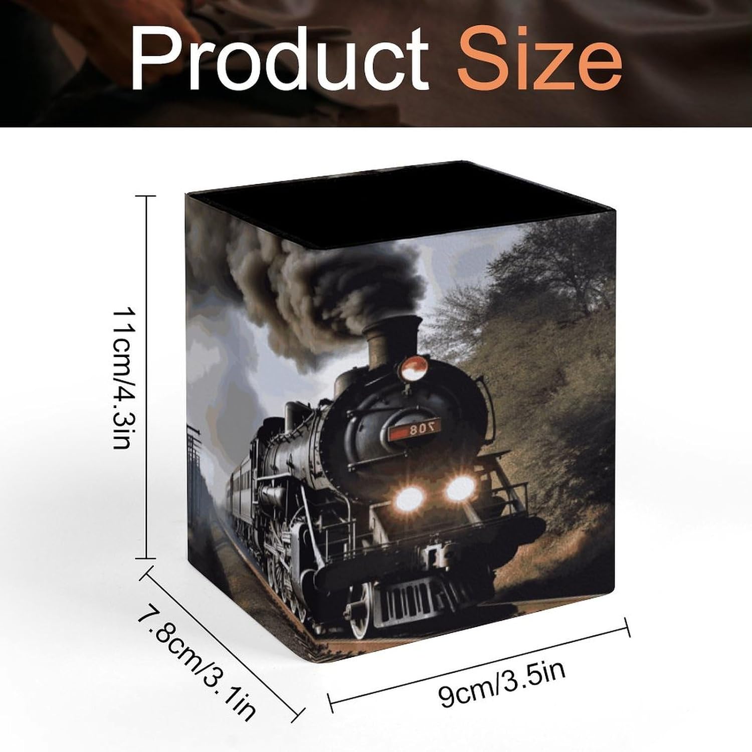 Square Pen Holder Steam Train Desk Organizer Pencil Cup image 2