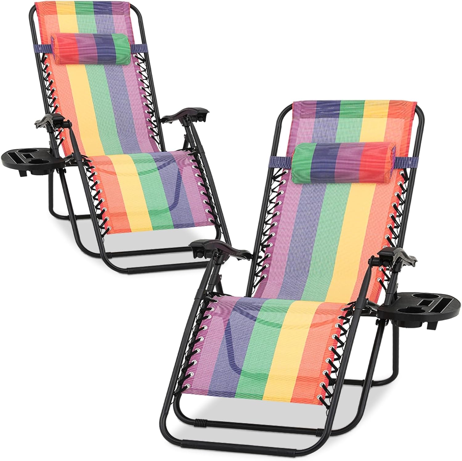 Athena Collection Zero Gravity Outdoor Lounge Chair Set of 2, 29" Width Pool Lounge Lawn Chairs Reclining with Cup Holder, Outdoor Chaise for Beach Patio Backyard Outside, Rainbow