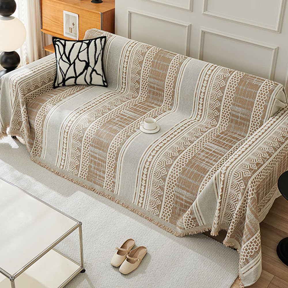 Highdi Sofa Throws Large, Extra Large Throws for Settees, Boho Chenille Versatile Soft Throw Blanket with Tassels for Settees Couch Sofa Bed Armchair (180x280cm,Khaki)