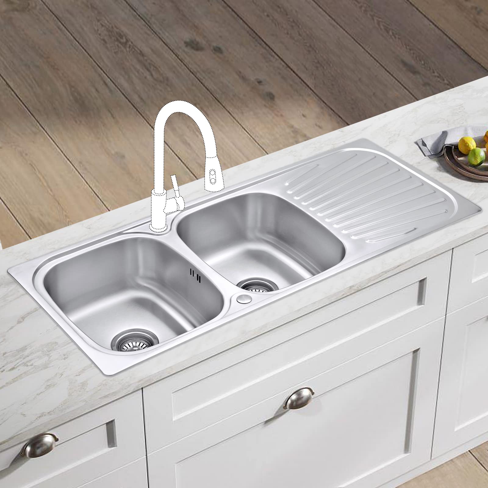 JASSFERRY Fregadero de cocina dos senos, de Acero Inoxidable, escurridor reversible, con colador de residuos