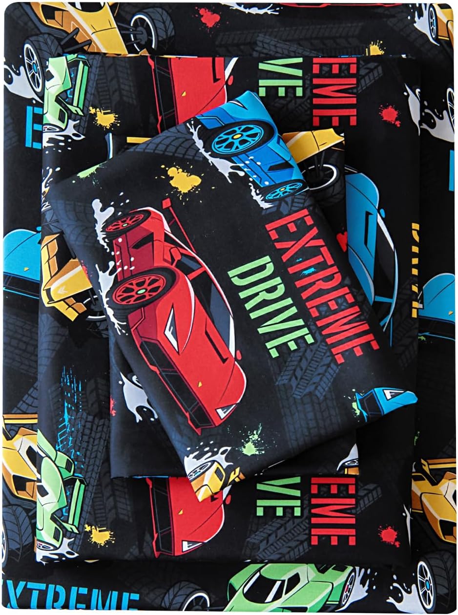 MCO Kids Full Size Bed Sheets, Soft Microfiber Full Size Sheets for Boy Girls, 4 Pieces Breathable Full Bed Sheet Race car