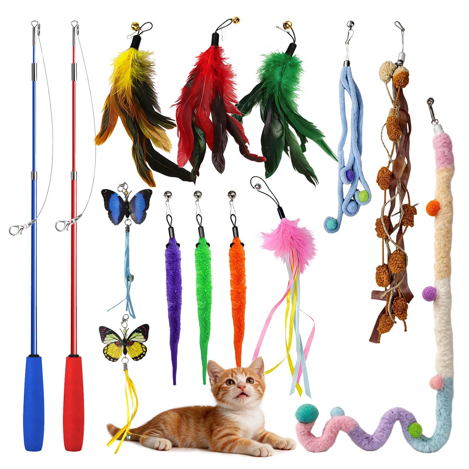 Bestwist Cat Wand Toy Bundle, 2 Pcs Durable Retractable Teaser Sticks + 12 Pcs Funny Interactive Replacement Feathers with Bell for Boredom and Relieve Anxiety(14 Pack)