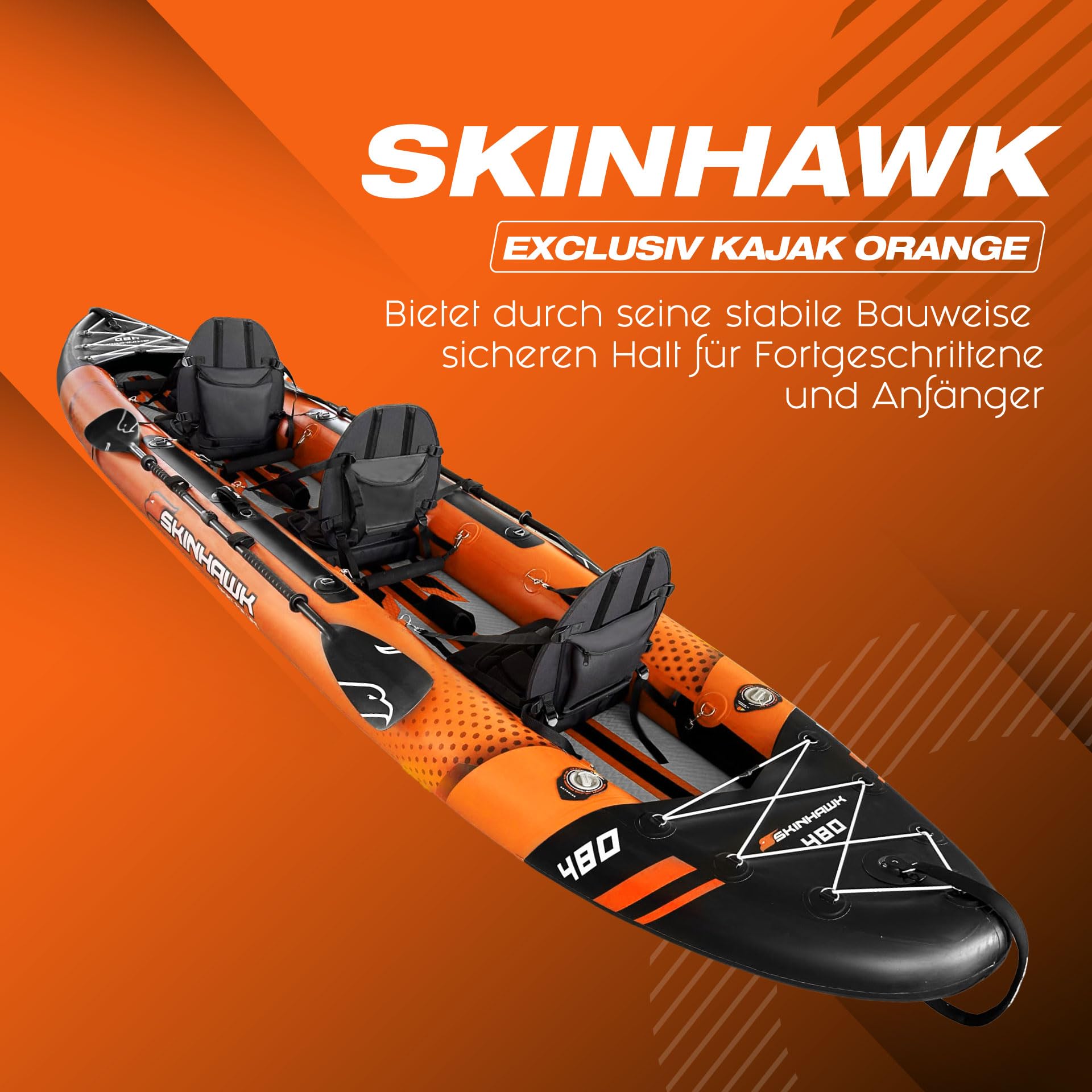 SKINHAWK Exclusiv Orange Kayak Set 480 – Barco inflable – Canoa – 480 x 96 cm – Kayak para 3 personas