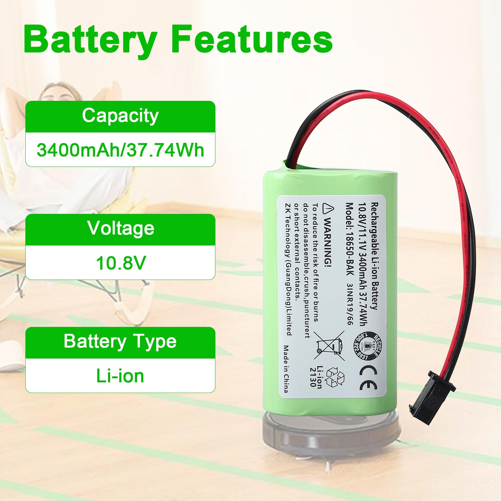 Bateria 3400 mAh, kompatybilna z Vactidy T6 T7 T8, Vactidy LS001-02, Lefant M501, Ecovac CEN330 CEN331, Cecotec Conga Slim 890 Robot odkurzający [10,8 V/37,74Wh]