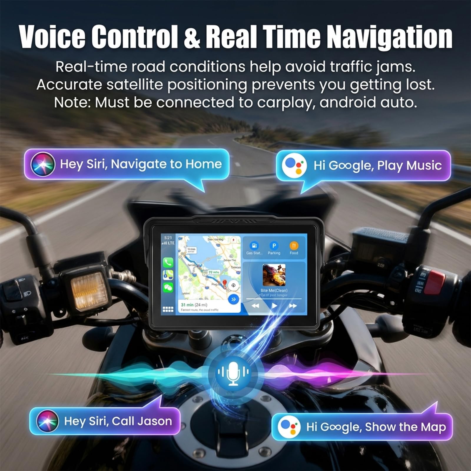 SIXTOP Pantalla Moto 7 Pulgadas, Carplay y Android Auto Inalámbrico para Motocicletas con Soporte Desmontable, Bluetooth, IP67 Impermeable, Control por Voz Siri