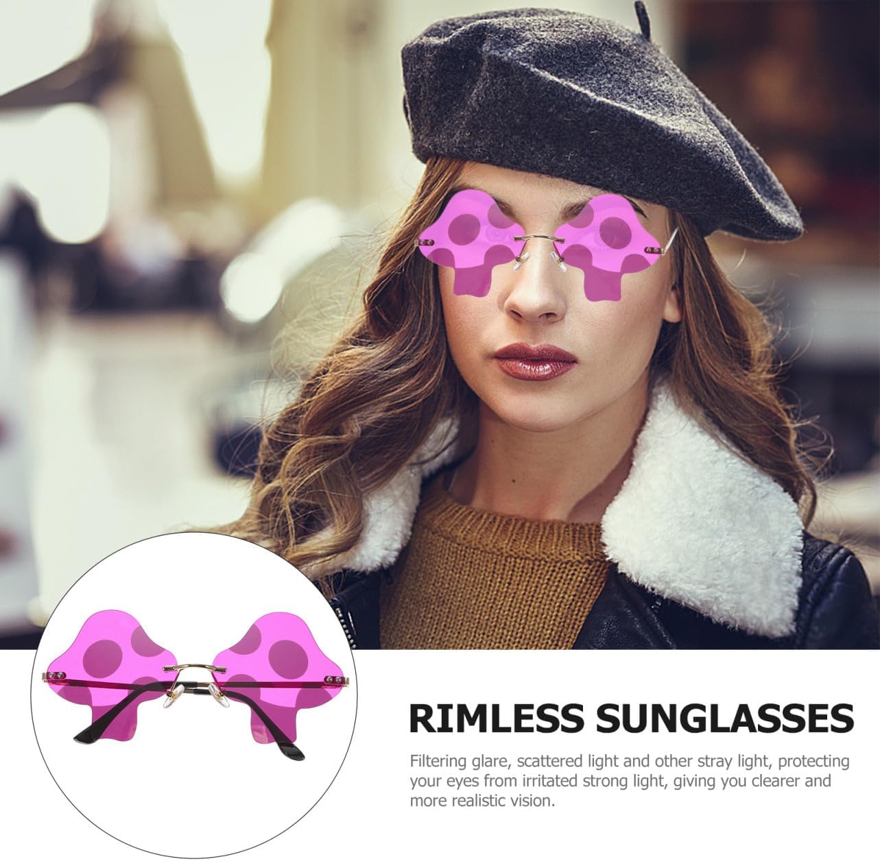 COLLBATH Mushroom-shaped Rimless Sunglasses Women Stylish Party Glasses Gold Frame Purple Red Casual Eyewear for Adults