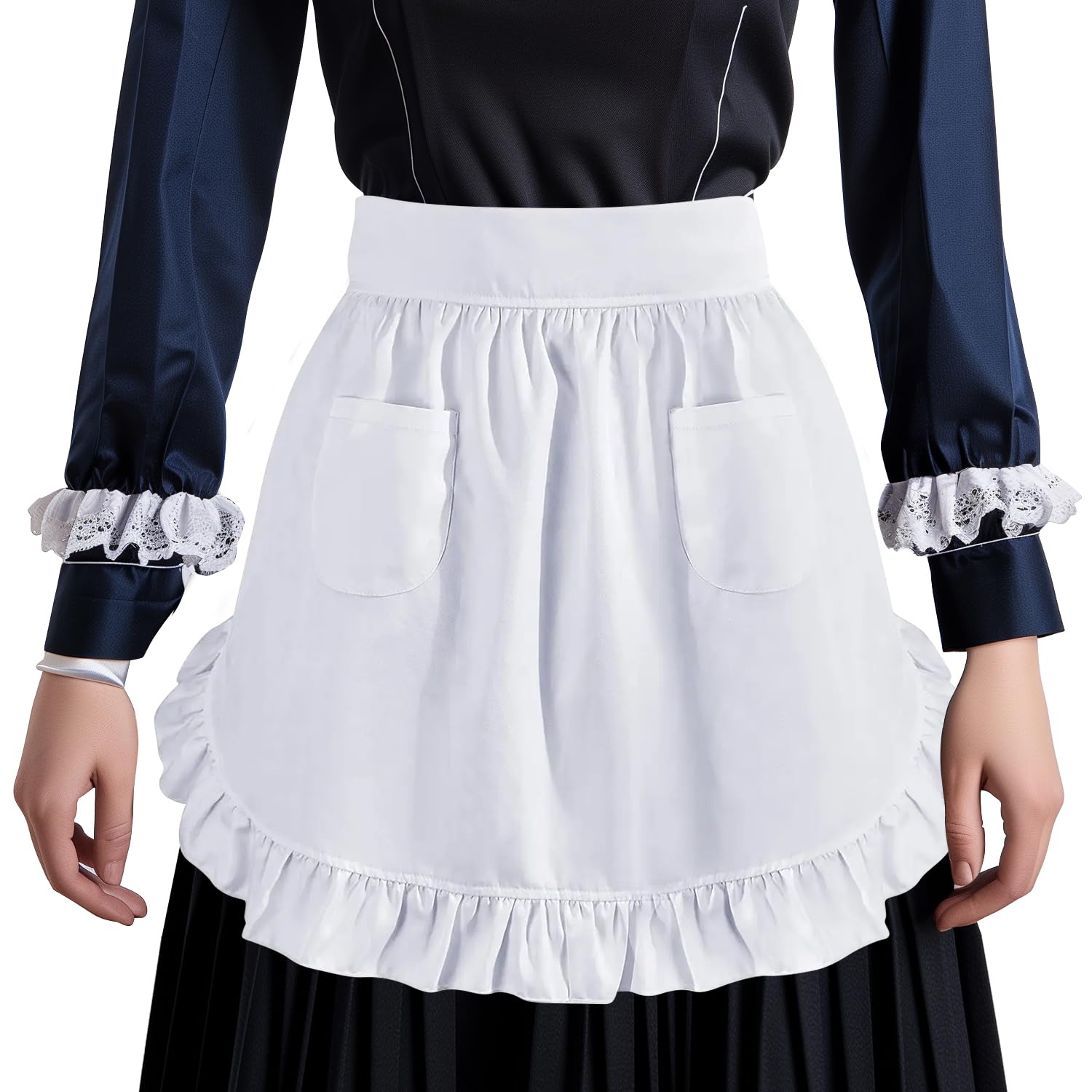 GTVGJH Women's Waist Apron with Two Pockets Half Apron Waitress Servant Costume Aprons for Kitchen Cooking Restaurant Coffee Shop (White)