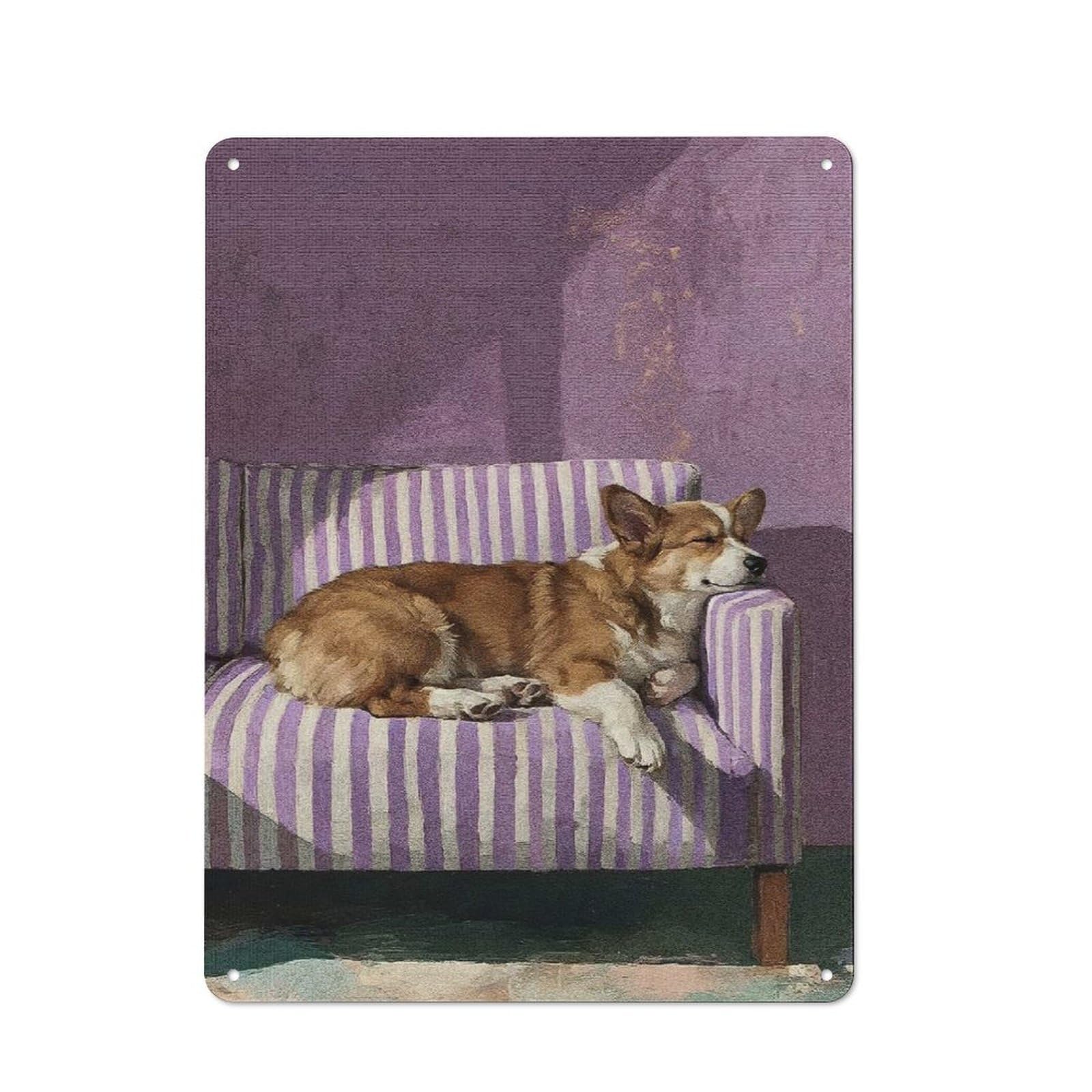 Junmoney Style-16 Workshop Style Sleeping Corgi On Striped Couch Tin Sign 40X30cm, Workshop Wall Decor For Tool Room, Garage, Studio Or Home Bar