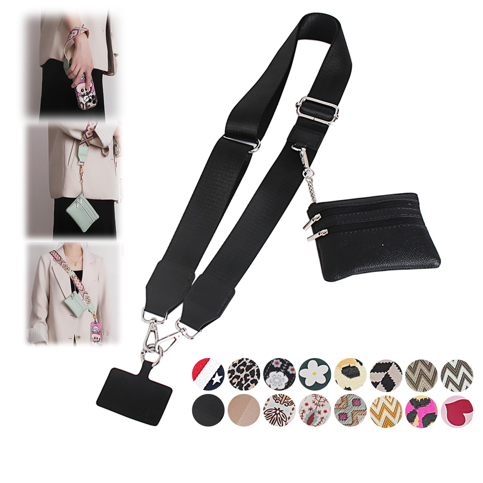 RENUIS Phone Strap with Zippered Pouch, Clip and Go Strap for Phone with Wallet Crossbody, Adjustable Crossbody Phone Strap