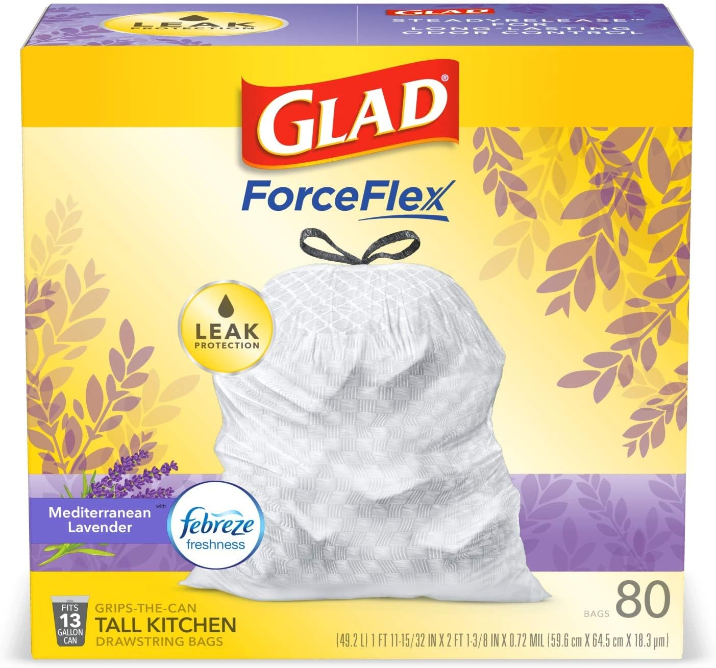 Glad ForceFlex Tall Kitchen Trash Bags, 13 Gallon, Gain Lavender, 80 Count (Package May Vary)